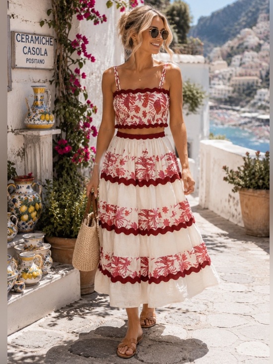 Caroline Constas Dresses & Skirts - CAROLINE CONSTAS Linen Scalloped 2 Piece Skirt Set ( Farm Rio Tiles)